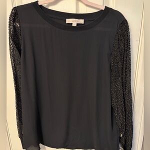 LOFT Black Women's Mixed Media Top with Sparkly Sleeves